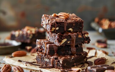 Stack of fudgy brownies with nuts, drizzled in rich chocolate sauce.