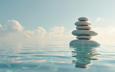 Stacked smooth stones balanced in tranquil water under a clear sky.