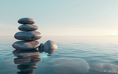 Stacked smooth stones balanced in tranquil water under a clear sky.