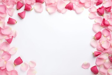 Delicate pink rose petals arranged as a border on a clean white background, perfect for invitations or romantic themes.