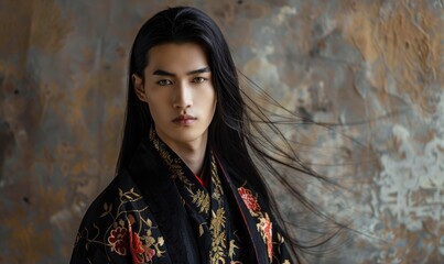 Portrait of young Asian man with dark long hair in traditional clothes looking at camera
