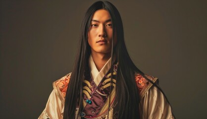 Portrait of young Asian man with dark long hair in traditional clothes looking at camera