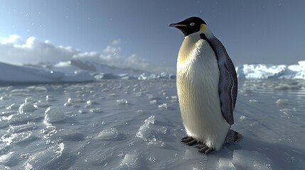 Obraz premium Lone penguin stands in frozen wilderness under bright polar skies.
