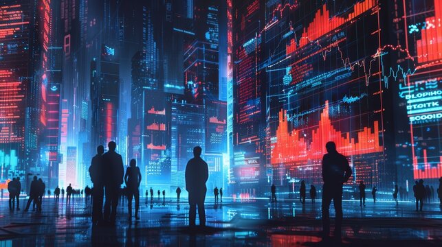 Futuristic virtual stock market graphics with silhouettes of businesspeople