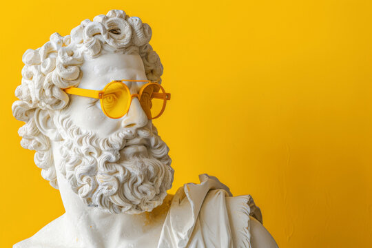 Classical white marble greek  Zeus statue sporting trendy orange sunglasses juxtaposed with a vivid yellow background, creating a modern artistic twist