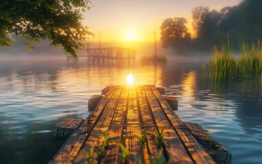 Sunrise over a tranquil lake, wooden pier stretching into glowing horizon.