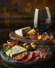 Closeup of a charcuterie board with cheese, salami, olives, and a glass of red wine on a wooden background