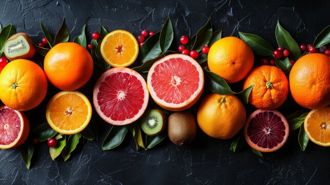 Fresh assorted citrus fruits with green leaves on wood, perfect for health and wellness themes