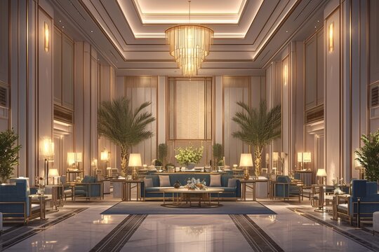 Luxurious Business Hotel Lobby with Elegant Interior and Modern Amenities
