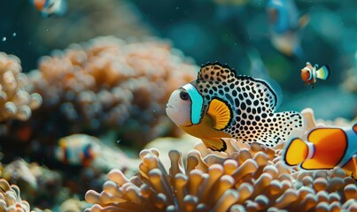 Cockerel fish and clown triggerfish in the water