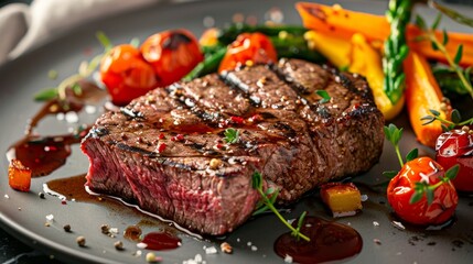 Closeup of grilled steak with vegetables on a gray plate