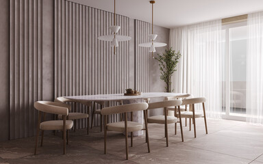 Villa interior mockup, modern beige dining room interior, decorative wall mock up, 3d render