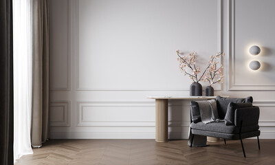 Light living room. Lounge area chair with an accent wooden table and decor. Empty white wall blank as background. Modern interior design room home or hotel. 3d rendering