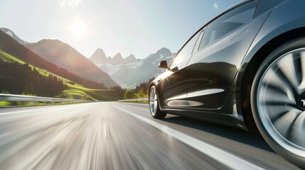 Electric car driving on a highway in the summer, mountains in the background hyper realistic 