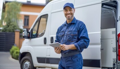 Smiling Delivery Driver with Digital Tablet.