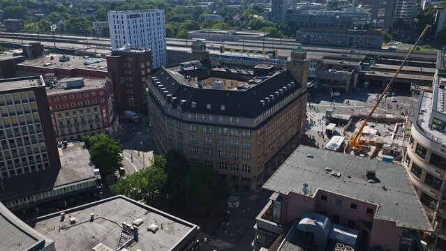Aerial drone view of a historic Building in Willy Brandt Platz in Essen, Germany. 