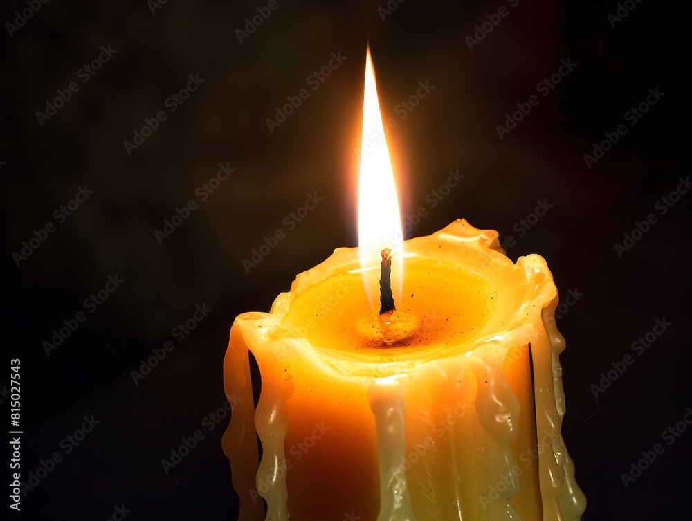 Wall mural a close-up of a lit candle with melting wax, against a dark background, capturing the warm and seren