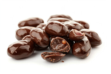 a pile of chocolate covered almonds on a white surface
