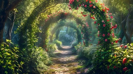 Enchanted fairytale garden, secret pathways under flower arches, vibrant greenery, a digital backdrop of magical beauty, AI Generative hyper realistic 