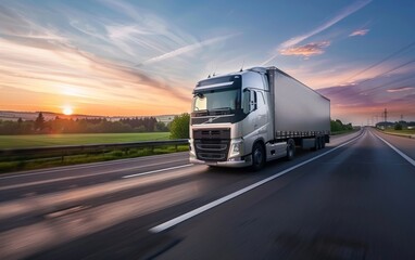 Truck driving on highway at sunset with lush countryside scenery.