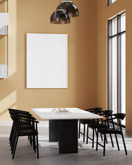Huge poster frame mockup in bright stylish interior, living room with dinning, 3d illustration