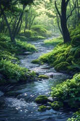 Obraz premium A mossy forest stream with sunlight filtering through the dense green foliage.