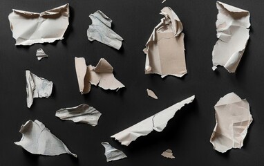 Various torn paper pieces isolated on black background.