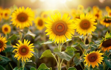 Vast field of vibrant sunflowers bathing in bright sunlight.