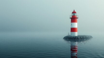 Misty morning light softens the bold red and white stripes of a lone lighthouse.