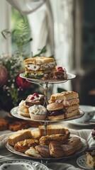 Afternoon tea with sandwiches, cream cakes, and scones on a three-tiered stand