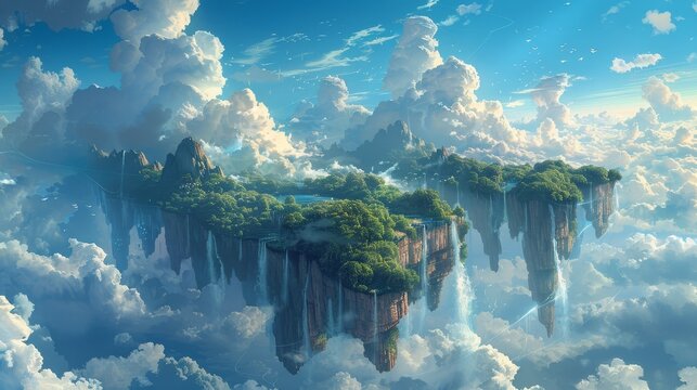 Floating island with waterfalls and clouds in the sky, fantasy landscape