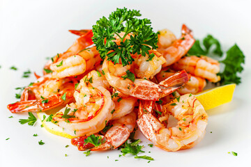 a plate of shrimp with parsley and lemon wedge