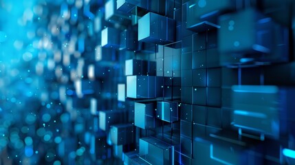 Futuristic blue digital geometric technology cube background banner illustration 3D - Glowing blue shape texture wall hyper realistic 