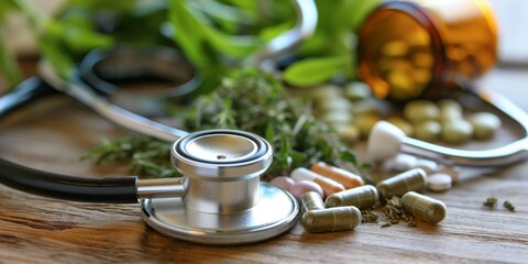 Herbal capsules, traditional medicine, and a stethoscope situated on a wooden surface emphasize health and wellness themes