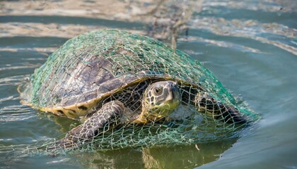 a turtle is completely entangled and stuck in a fishing net in the water and cannot get out of it