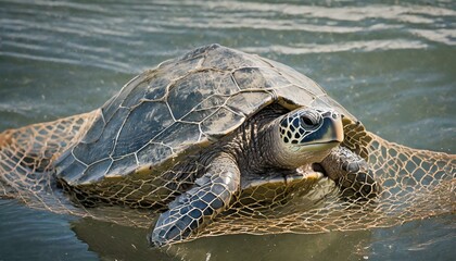 Fototapeta premium a turtle is completely entangled and stuck in a fishing net in the water and cannot get out of it