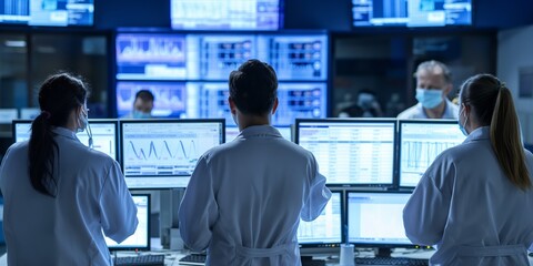 A professional team of scientists analyze data on multiple computer screens in a high-tech control room environment