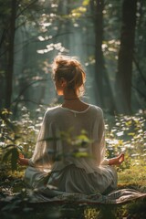 Woman meditating in a forest with sunlight