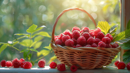 Basket of ripe raspberries in sunlight, surrounded by green leaves.