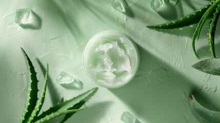 Top-down View of Soothing Aloe Vera Gel with Aloe Leaves 