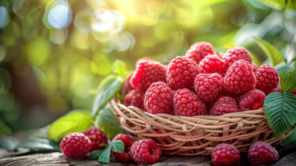 A basket of fresh raspberries on a wooden table, green leaves around.