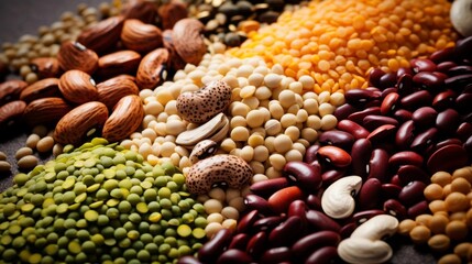 Naklejka premium Assorted different types of beans and cereals grains. Set of indispensable sources of protein for a healthy lifestyle. Quality food. Healthy eating concept