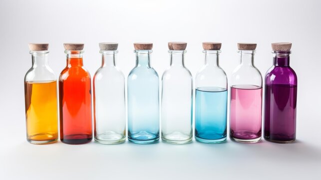 Chemistry glass tubes and beakers. Realistic illustration set of empty transparent and filled with colored liquid laboratory flasks. Lab test equipment and science glassware. Alchemistry and wizardy