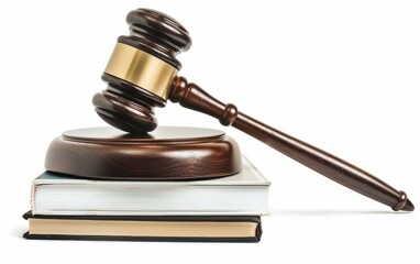 Wooden gavel on a stack of books against a white background.