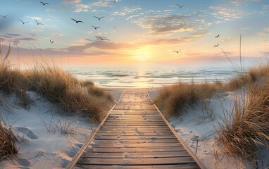 Wooden boardwalk through dunes leading to a serene beach at sunset, birds flying. - Powered by Adobe