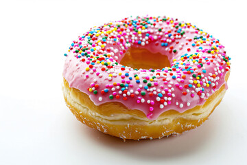 a pink frosted doughnut with sprinkles on a white surface