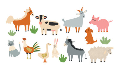 Farm animals with - cow, pig, sheep, horse, rooster, chicken, donkey, hen, goose, duck, goat, cat, dog. Cute cartoon vector illustration in flat style