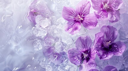 Fototapeta premium Purple Flowers on Ice With Water Droplets