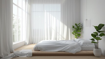 A minimalist Scandinavian bedroom featuring a platform bed, crisp white bedding, and a large window with sheer curtains
