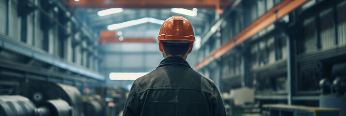 A lone worker with a helmet looks over a vast industrial production line, emphasizing manufacturing scale